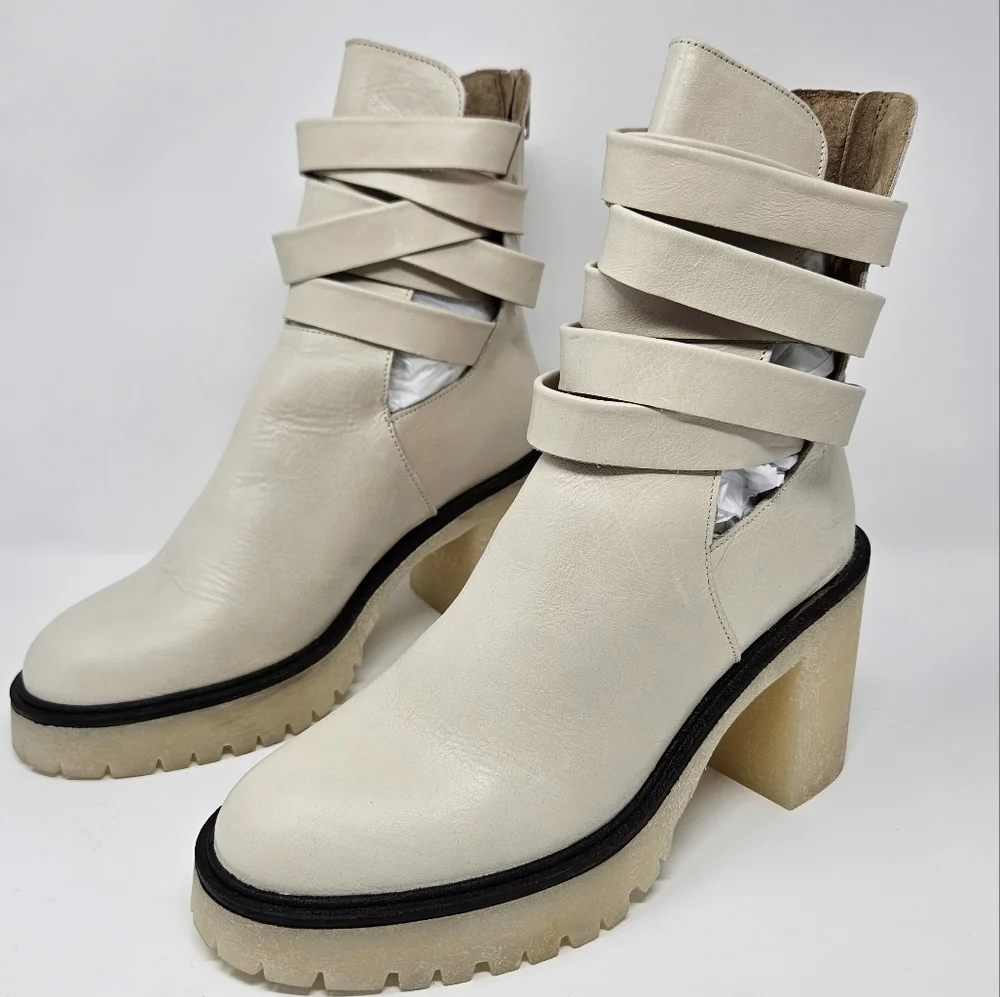 Free People Jesse Cut-Out Ivory Leather Platform Ankle Boots Sz 8 & 9 Boho - Picture 5 of 16